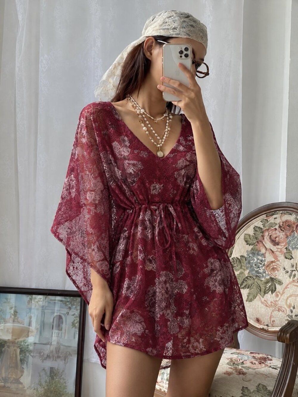 Y2K Lace Angel Sleeve Tunic Blouse Size O/S Medium Floral (c1)